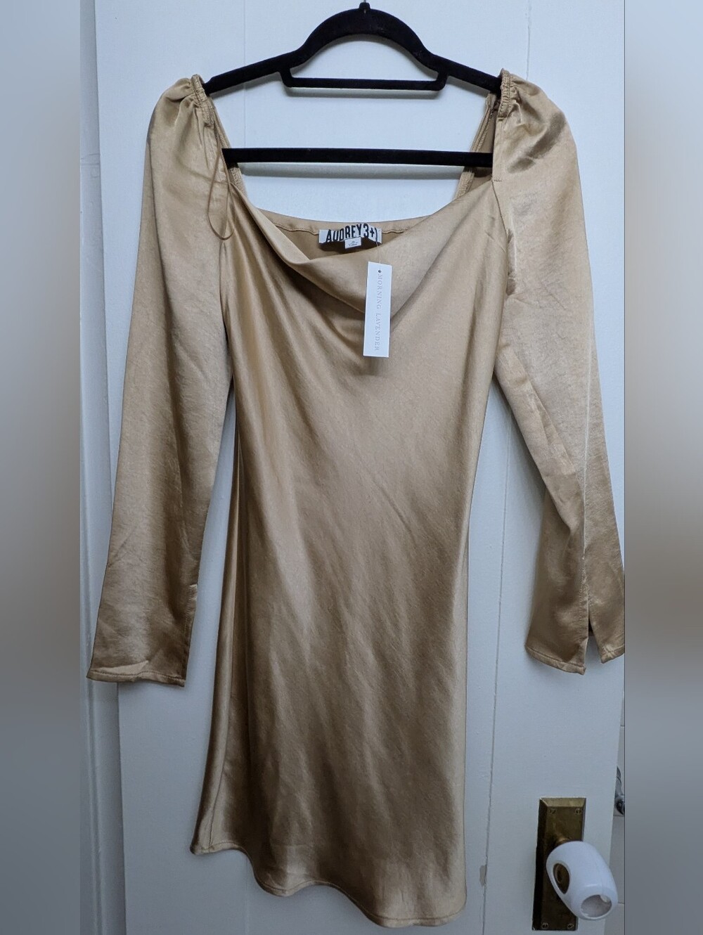MLMorning Lavendar Audry 3 + 1 Champagne Gold Satin Long-Sleeve Mini Dress
